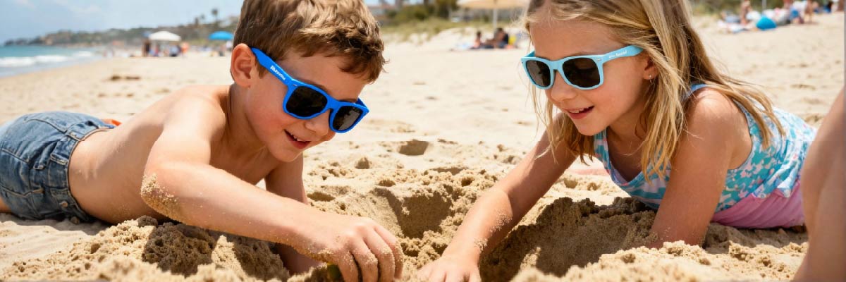 Two children playing in the sand on a beach wearing BioSunnies