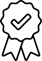 Black and white icon of a ribbon with a check mark